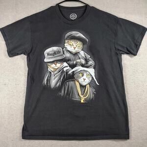 Dom Mens L Black Graphic Cat Shirt Hip Hop Rap Tee Funny Streetwear EUC PAC BIG